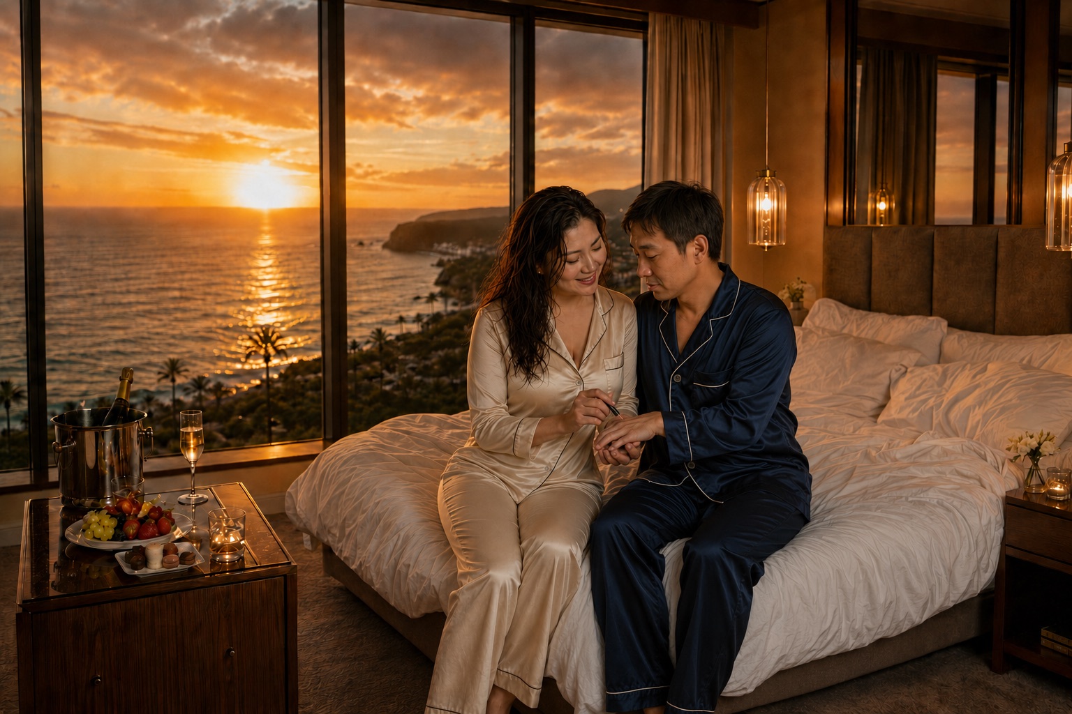 AI生成,纯属虚构。 海边酒店的黄昏,一名女子正在为男子修剪指甲。