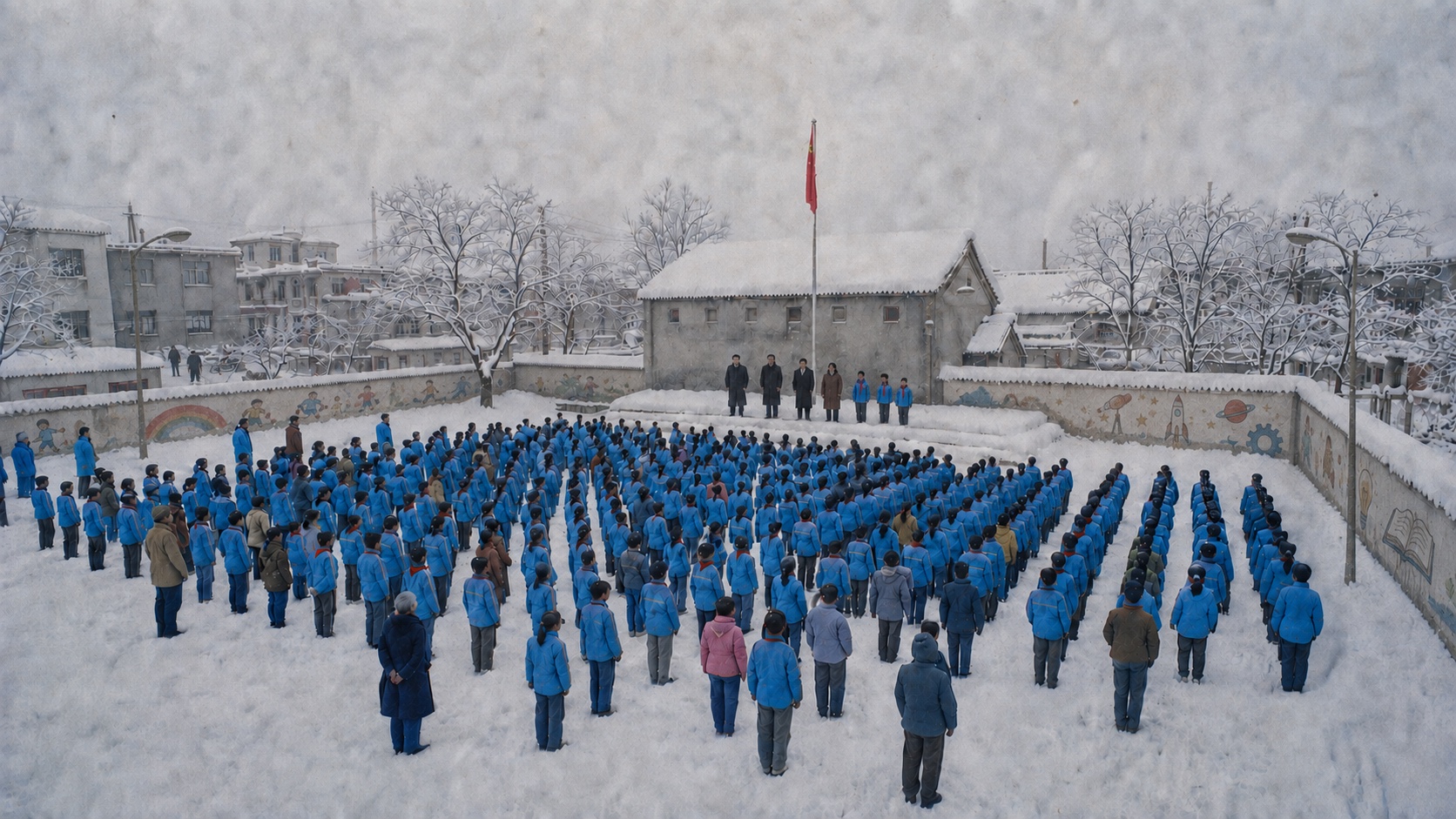 AI生成,场景重构。 2001年冬天,雪后的校园操场上,全校学生集合在雪地里。