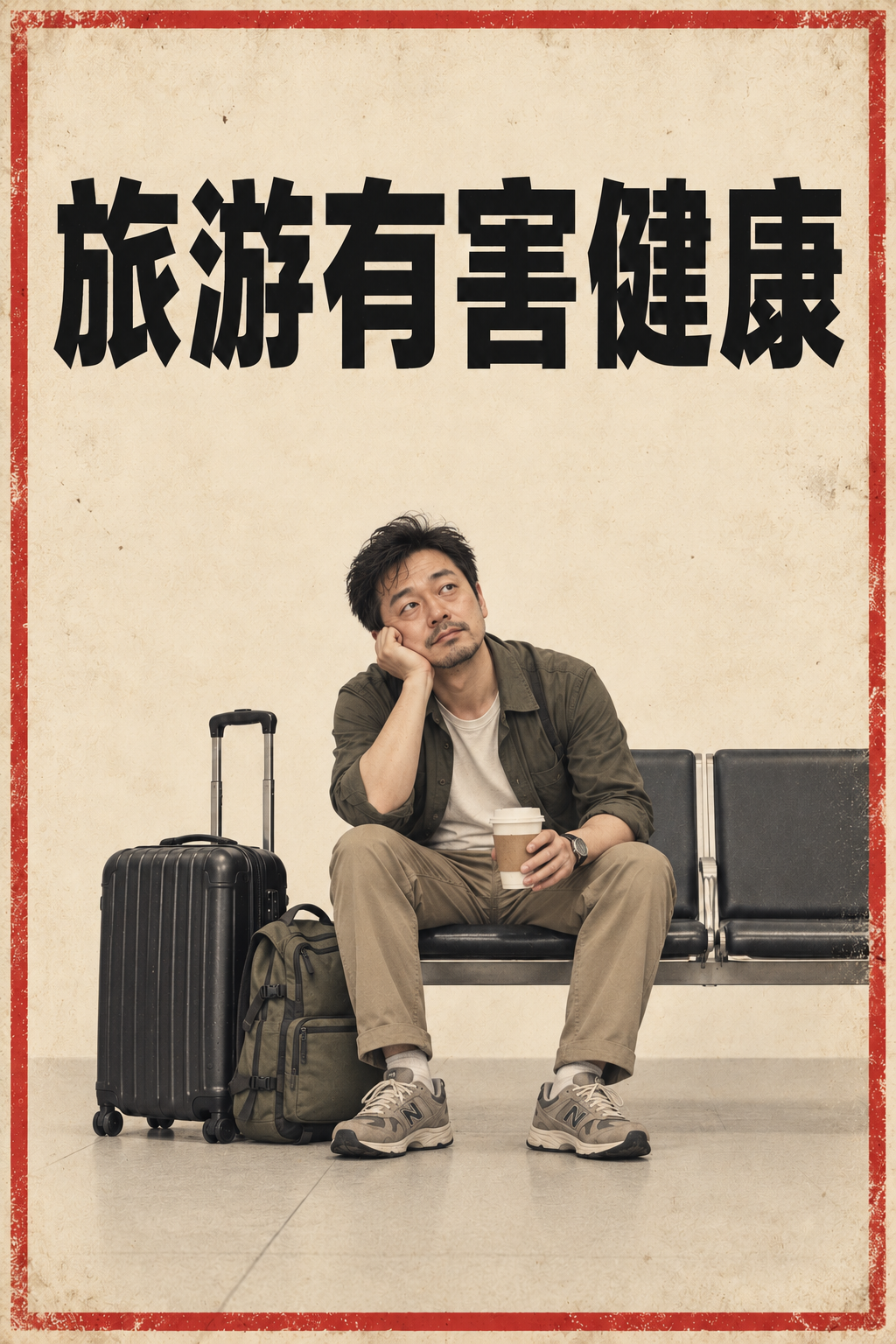 旅游有害健康。 一个疲惫的旅行者坐在候机厅里,身旁放着行李箱和背包。